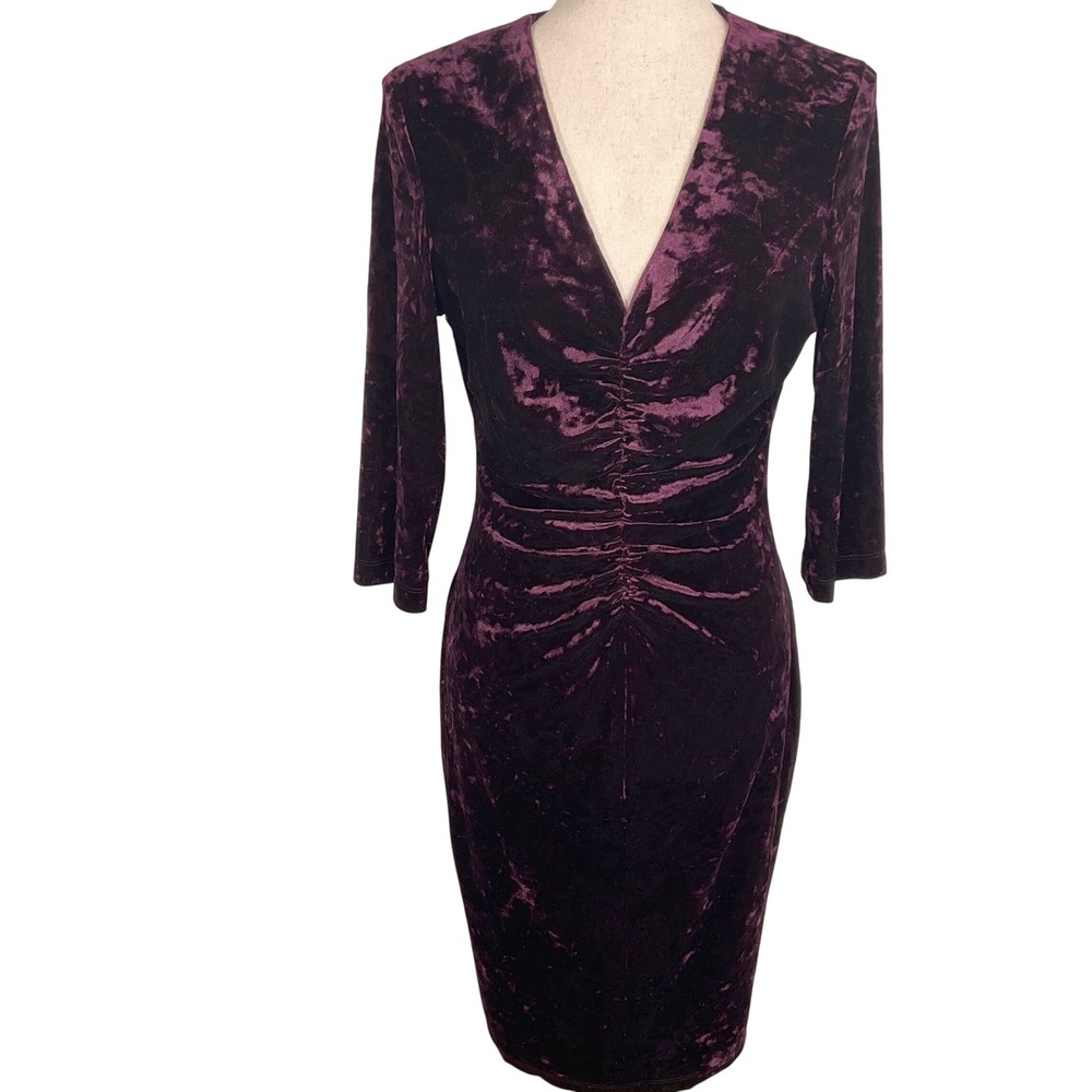 Julian Taylor Dress Womens 10 Plum Crushed Velvet Plunge Ruched Sexy Bodycon